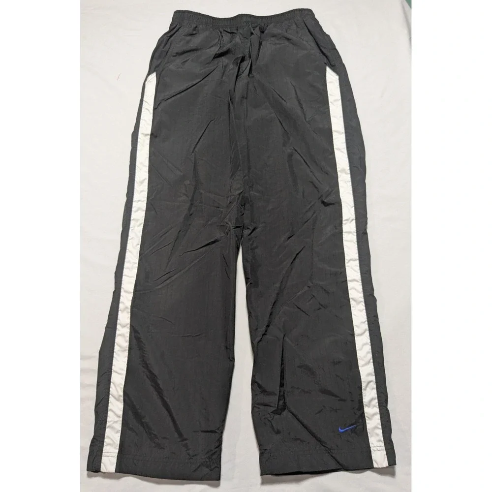VTG 90s NIKE Men Large Black Track Pants White Side-Stripe Blue Ankle Swoosh EUC